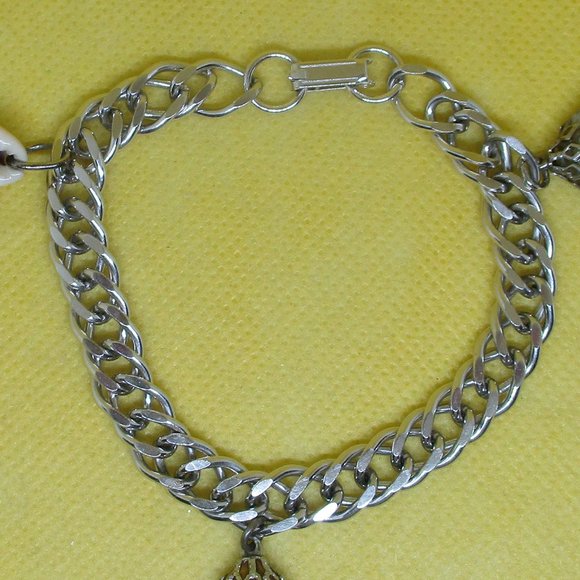 Vintage CHARM BRACELET Silver-Tone Flat Chain Link Charm Bracelet Tiger Eye Gem - Picture 8 of 10